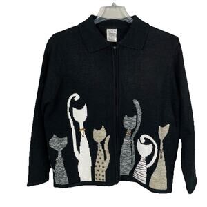 VTG Allison Daley Beaded Cat Sweater Size PL Black Full Zip Cardigan Fun Classic